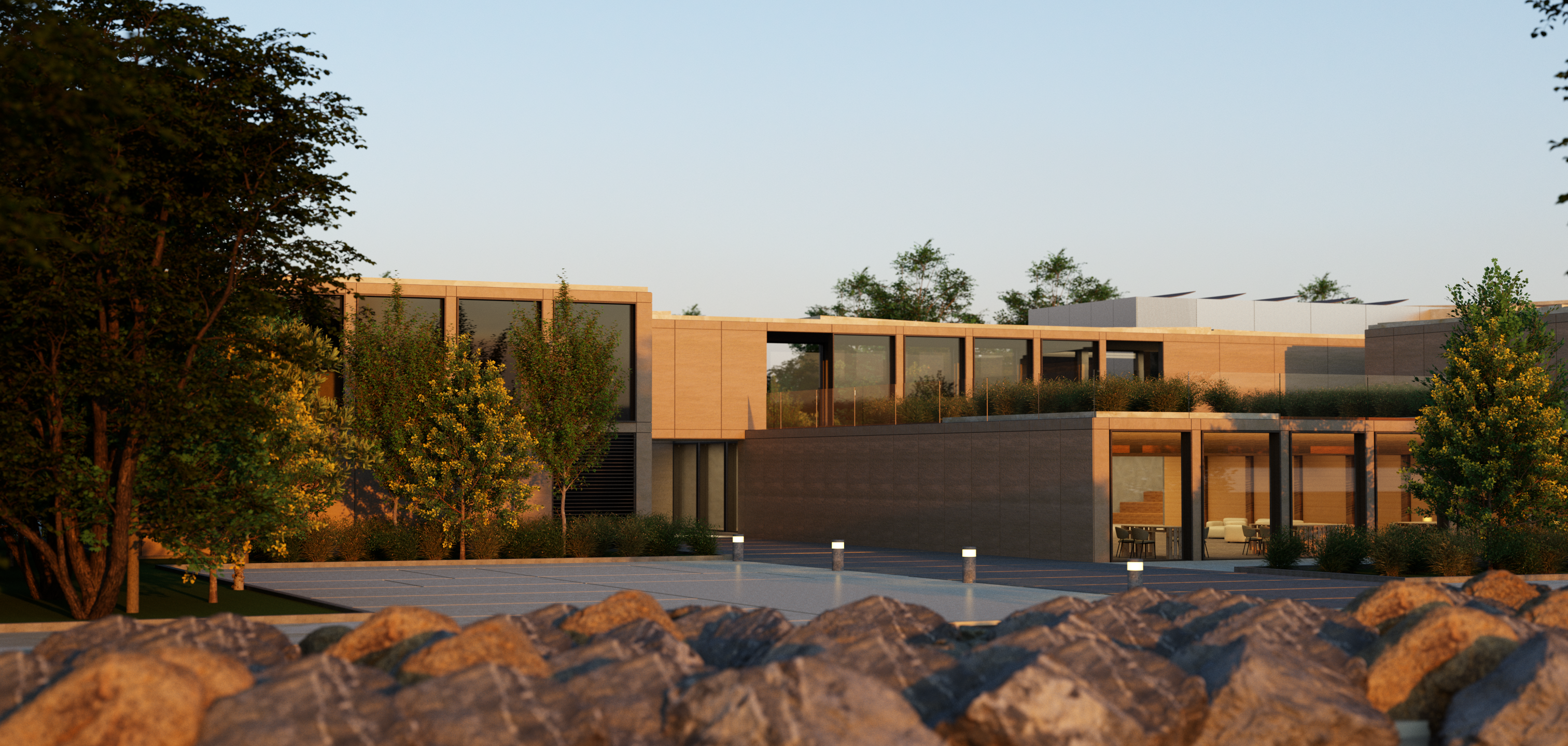 Architectural rendering with selectable trees, facade, and window regions