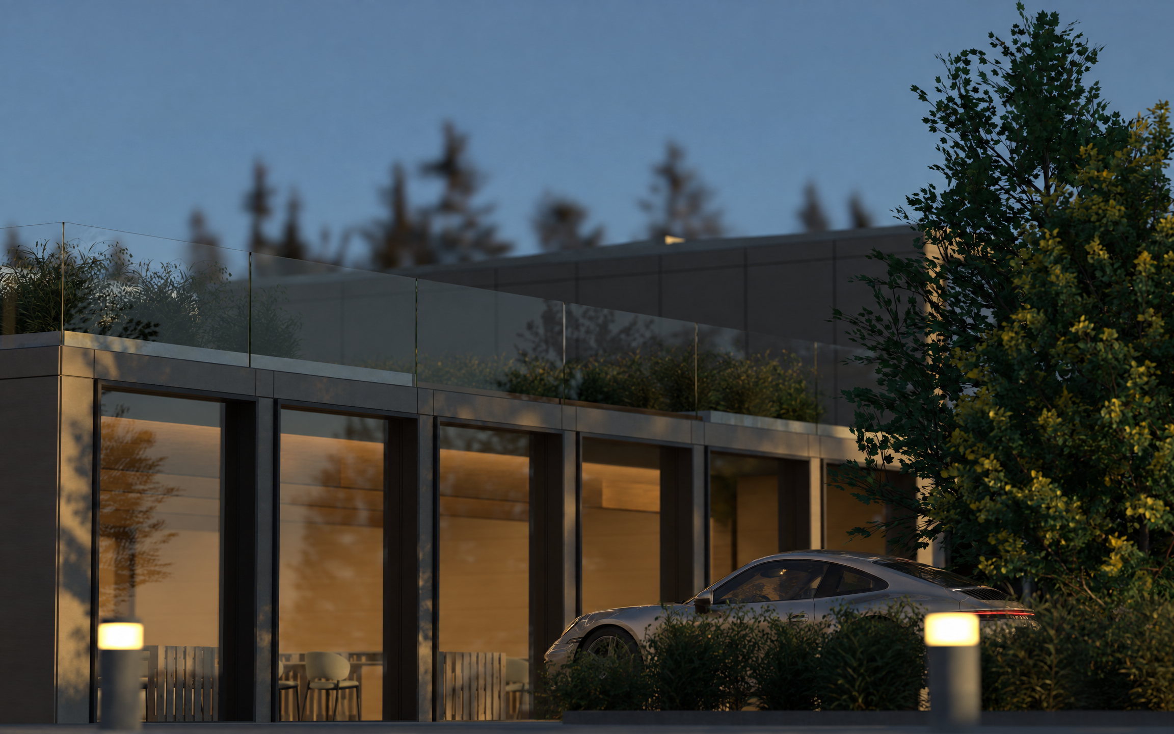 A glass-fronted house at dusk, becoming an image module in SANTA