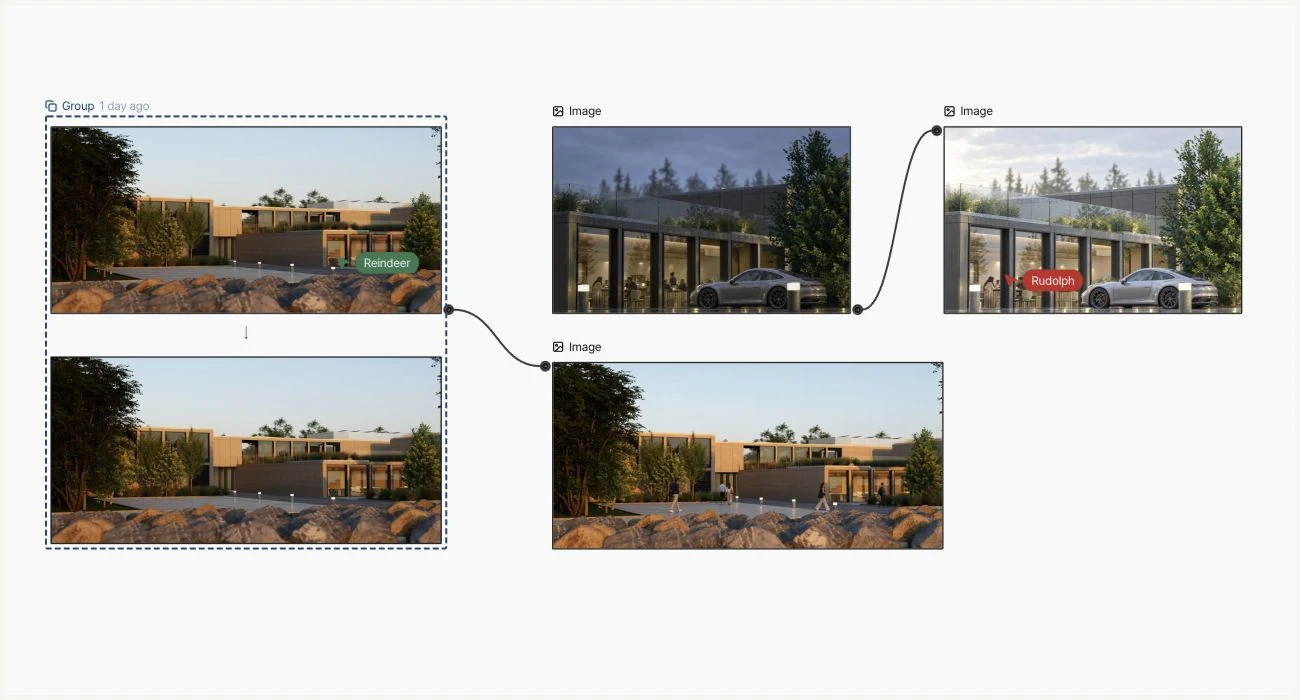Desktop Canvas with four architectural images, a filter, and their connections